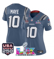 Women New England Patriots 10 Drake Maye Storm Blue 2025 F U S E 1 Star C Patch And Super Bowl LX Patch USA 250 Patch Rivalries Vapor Limited Football Sti Women New England Patriots 10 Drake Maye Storm Blue 2025 F U S E 1 Star C Patch And Super Bowl LX Patch USA 250 Patch Rivalries Vapor Limited Football Sti