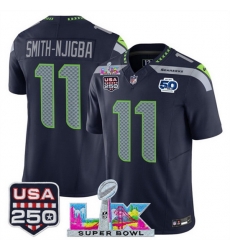 Men Seattle Seahawks 11 Jaxon Smith Njigba Navy 2025 F U S E  Super Bowl LX Patch And 50th Season  USA 250 Patch Vapor Limited Football Stitched Jersey
