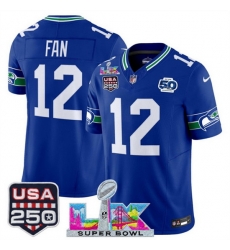 Youth Seattle Seahawks 12 Fan Royal 2025 F U S E  Super Bowl LX Patch And 50th Season  USA 250 Patch Vapor Throwback Limited Stitched Football Jersey