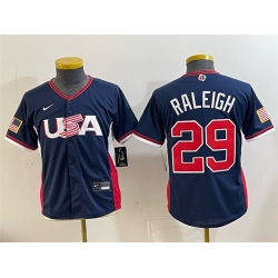 Youth USA Baseball  29 Cal Raleigh Navy 2026 World Baseball Classic Stadium Stitched Baseball Jersey